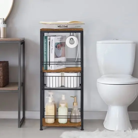 NEX&trade; 28" Freestanding 3-Tier Storage Shelf with Basket Drawer & Toilet Paper Holder {6}