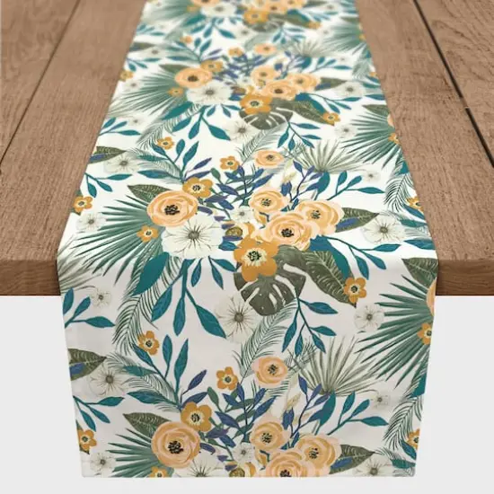 90" Tropical Floral Cotton Twill Runner White {1}