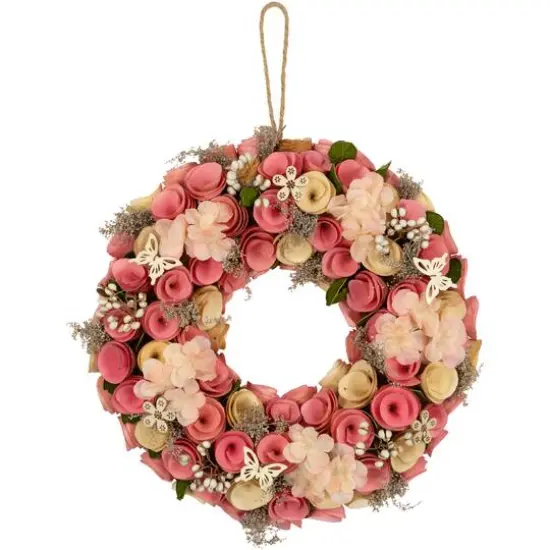 12.5" Pink Wooden Artificial Floral & Berries Spring Wreath {1}