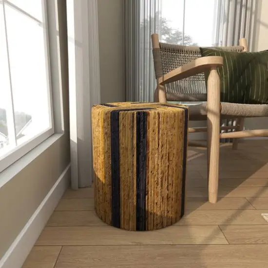 Brown Banana Leaf Handmade Linear Wrapped Accent Table with Navy Stripes {7}