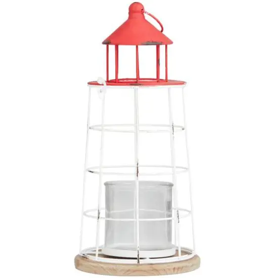 15" Red Metal Distressed Decorative Light House Candle Lantern {3}