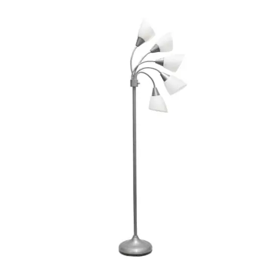 Simple Designs&trade; 5.6ft. 5-Light Gooseneck Silver Floor Lamp White Shades {10}