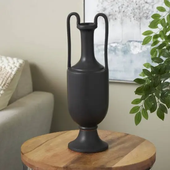 20.25" Black Ceramic Fluted Urn Shaped Vase with Arch Handles {9}
