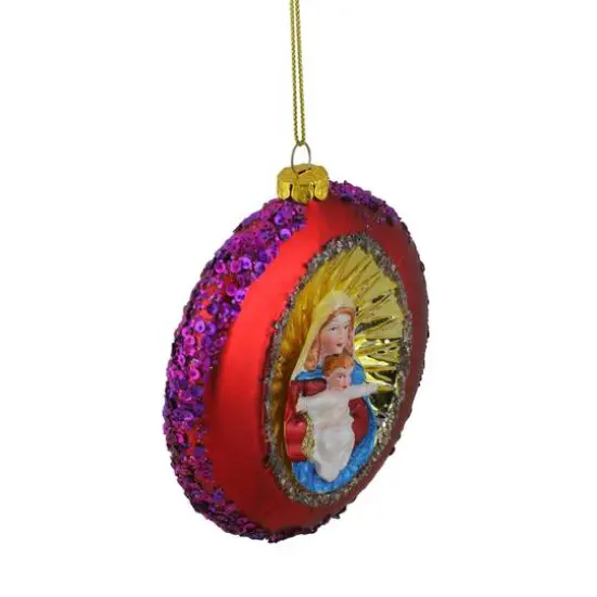 4" Mary and Jesus Sequin Religious Glass Disc Christmas Ornament {4}