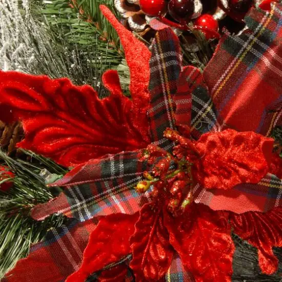 30" Pre-Lit Decorative Collection Cones, Red Berries & Poinsettias Tartan Plaid Wreath With Warm White LED Lights {4}