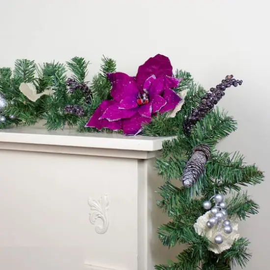 Two-Tone Pine with Purple Poinsettias Berries & Pine Cones Garland, Unlit {4}