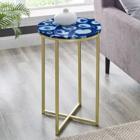 Walker Edison 16" Faux Stone Round Glam Side Table Faux Blue Agate/Gold {5}