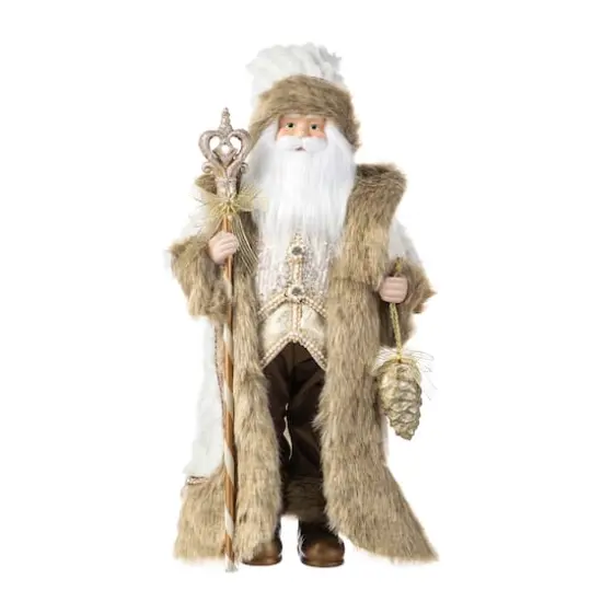 Glitzhome&reg; 18"H Faux Fur Christmas Brown Woodland Santa Figurine with Porcelain Face {1}