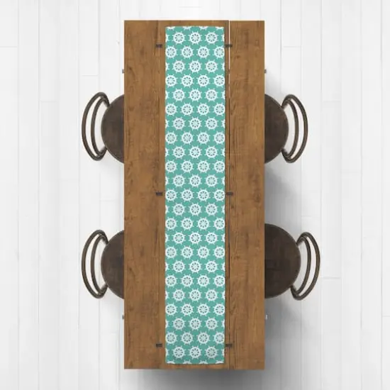 Captain's Wheel Indoor/Outdoor Table Runner White on Teal {3}