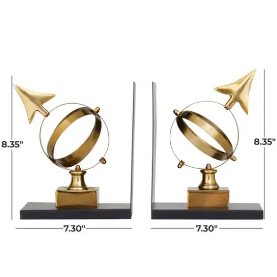 8" Gold Stainless Steel Armillary Bookends with Black Bases Set {6}