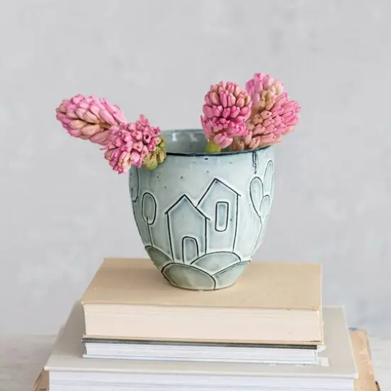 Hello Honey&reg; 5.25" Round Debossed House Design Stoneware Planter {3}