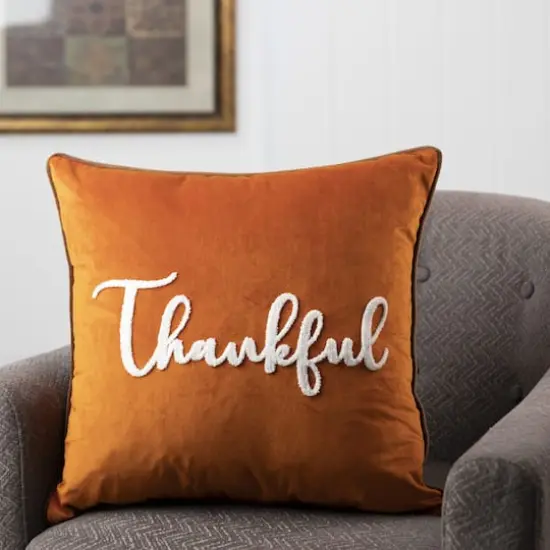 Glitzhome&reg; Orange Velvet Thankful Pillow Cover {3}