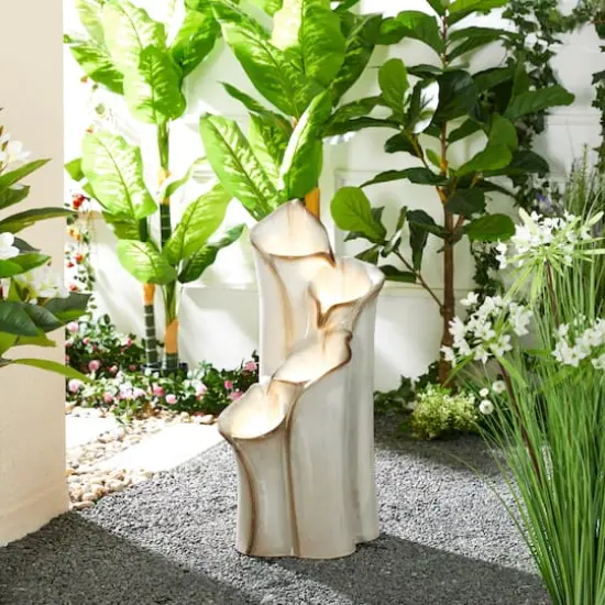 Glitzhome&reg; 31.25" 4-Tier LED Lotus Leaf Textured Ceramic Vase Outdoor Floor Fountain Sand Beige {3}