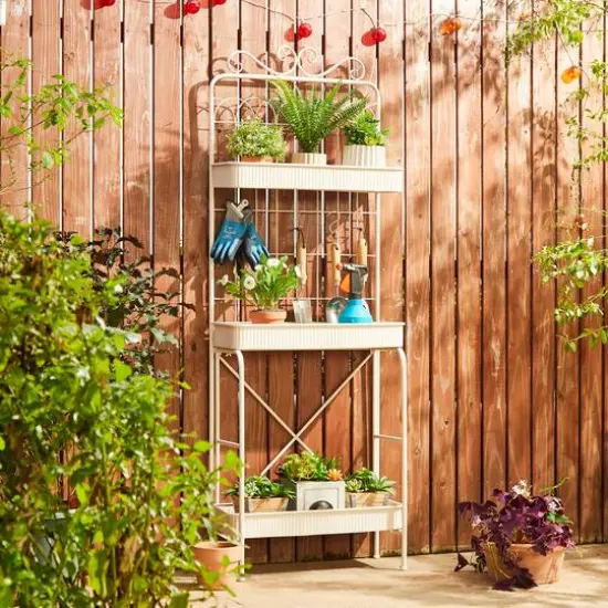 Glitzhome&reg; 68" 3-Tier White Metal Shelf Planter Stand {3}