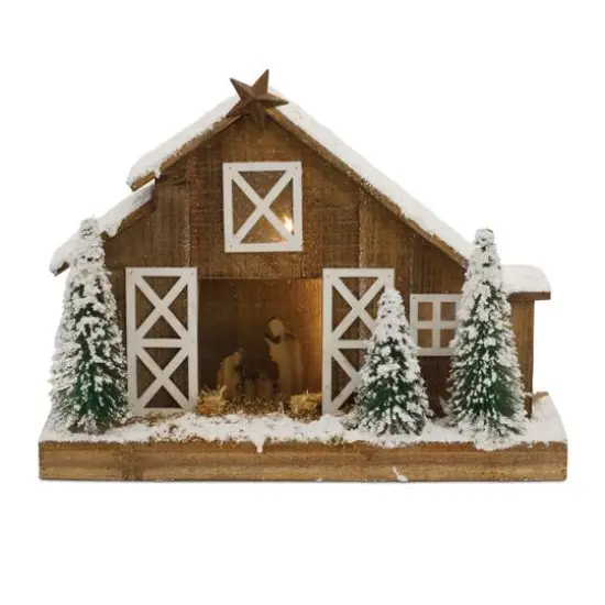 19.5" Brown LED Flocked Nativity Stable Display {1}