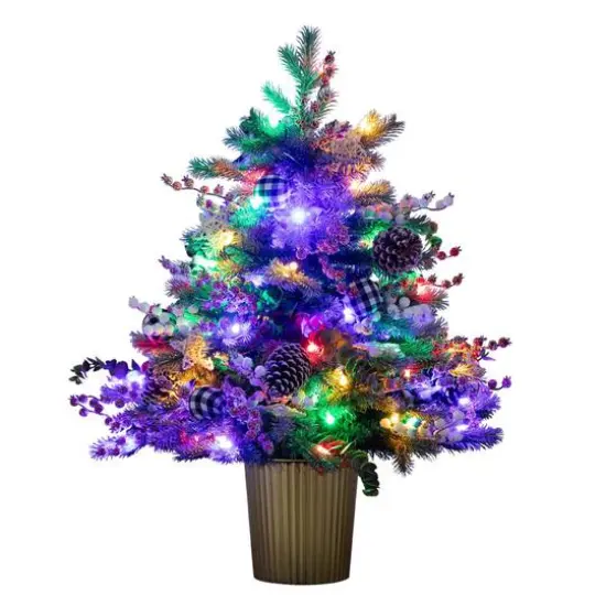 3ft. Pre-Lit Snow-Covered Artificial Christmas Tree in Golden Planter, Color-Changing LED Lights {5}