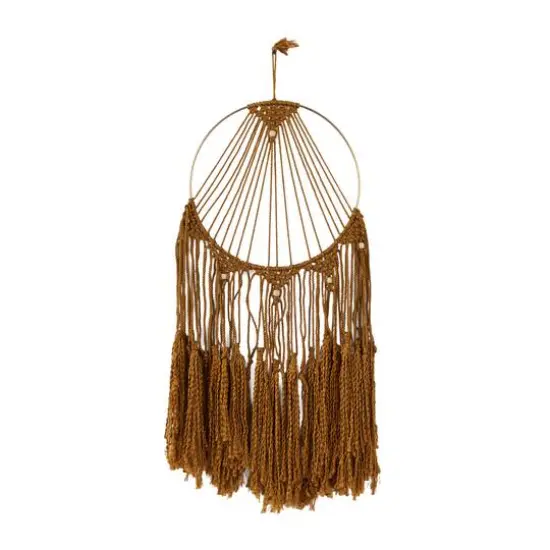 Brown Fabric Handmade Intricately Weaved Macrame Wall Decor with Beaded Fringe Tassels 12" x 0" x 32" {6}