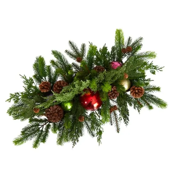 24" Cedar Pine, Pinecones & Ornaments Artificial Christmas Arrangement in Tin Vase {5}
