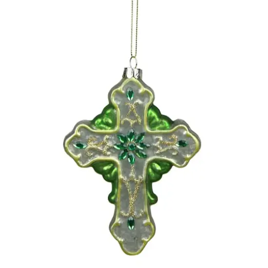 5" Luck of the Irish Green & White Mercury Glass Cross Christmas Ornament {1}