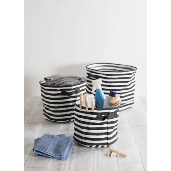 DII® Round Stripes PE-Coated Herringbone Woven Cotton Laundry Bin Set Black {4}