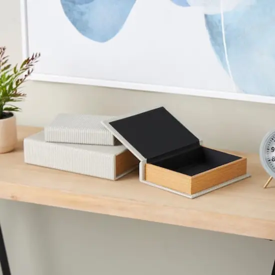 Faux Leather Geometric Woven Grid Book Storage Box Set Cream {9}