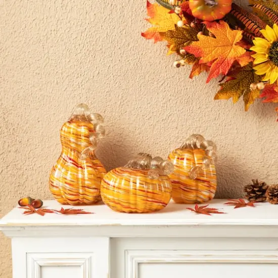 Glitzhome&reg; Multi Stripes Glass Pumpkin & Gourd Set {5}
