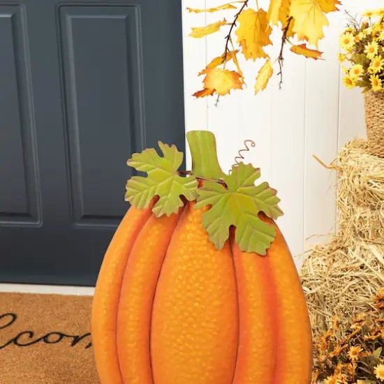 Glitzhome&reg; 3ft. Fall Metal Embossed Glitter Pumpkin Yard Stake {6}