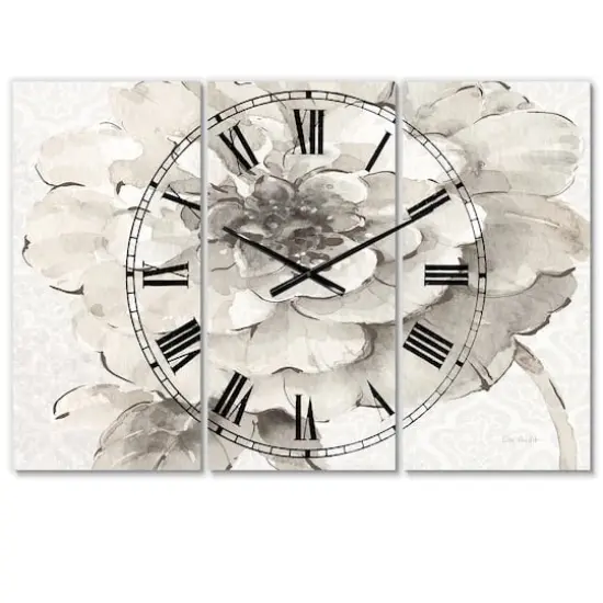 Designart Indigold Gray Peonies I Traditional 3 Panel Wall Clock {1}