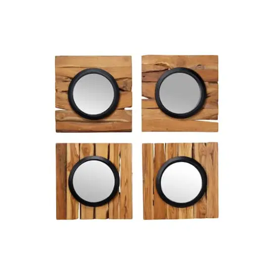 Set of 4 Brown Teak Wood Rustic Floral Wall Mirror, 18" x 18" {3}