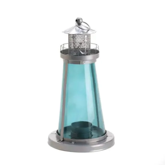 9.5" Silver Lighthouse with Blue Glass Candle Lantern {1}
