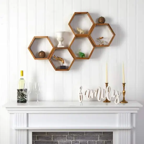 12" Wooden Hexagon Floating Honeycomb Shelf (Set of 5) {5}