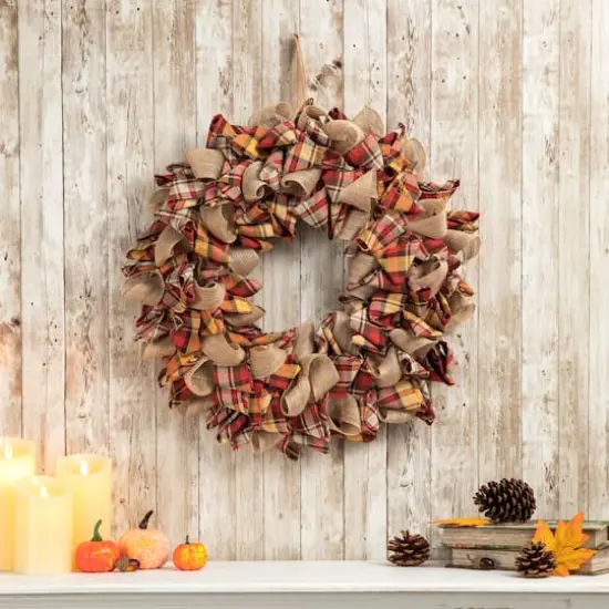 Glitzhome&reg; 18.5" Fall Plaid Fabric Wreath {10}