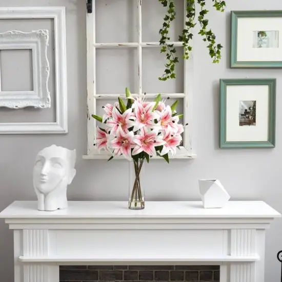 25" Artificial Pink Lily Arrangement with Cylinder Glass Vase {5}