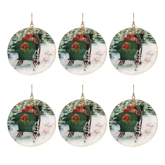 6 Pack 6" Couple Sleigh Ride Metal Disc Ornaments {4}