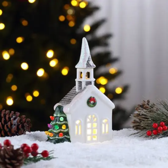 8" LED Nostalgic Ceramic Village Church {3}