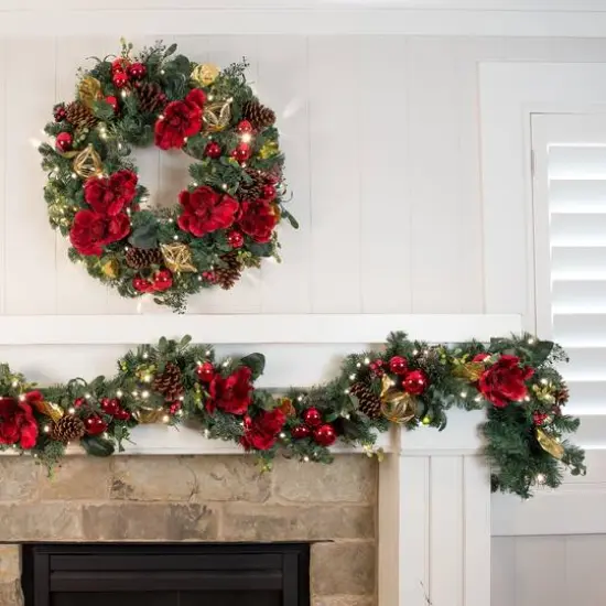 Village Lighting 30" Pre-Lit Red Magnolia Christmas Wreath, Clear LED Lights {4}