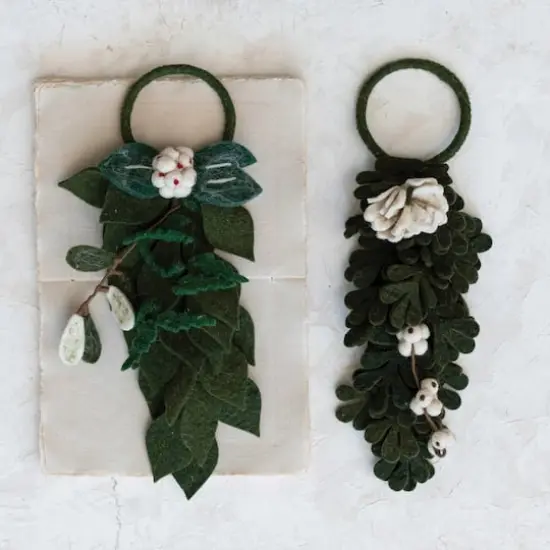 Hello Honey&reg; 11" Green & Cream Handmade Wool Felt Door Hanger with Leaves & Flowers Set {3}