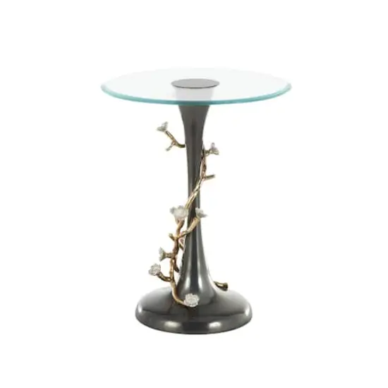 22.75" Black Aluminum Floral Twisted Vine Accent Table with Gold & Silver Accents & Glass Tabletop {9}