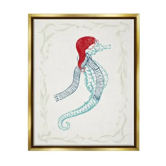 Stupell Industries Coastal Christmas Seahorse Santa Framed Floater Canvas Wall Art Gold {1}