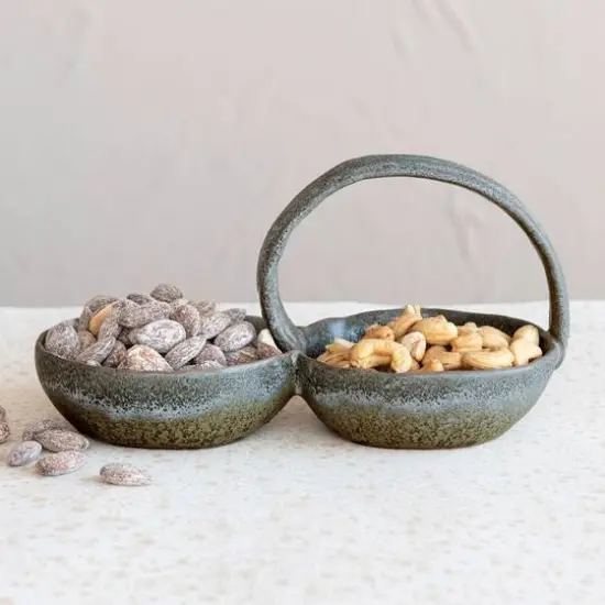 Hello Honey&reg; 8.5" Gray Stoneware Double Bowl with Handle {3}