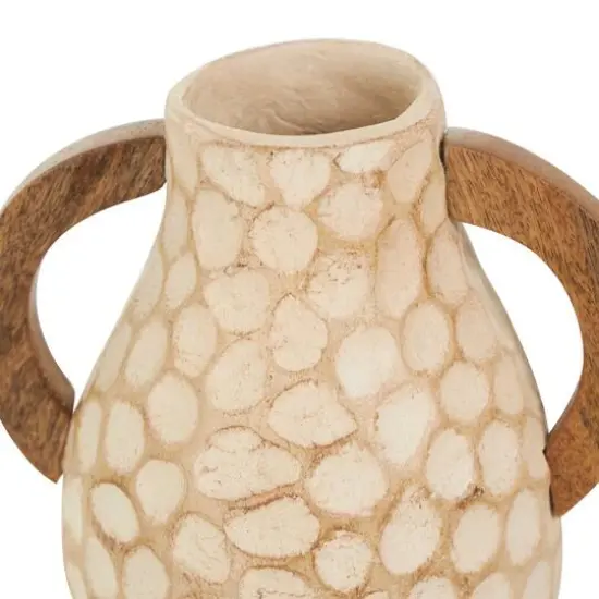 Beige Paper Mache Honeycomb Inspired Jug Vase with Wooden Handle Set {7}