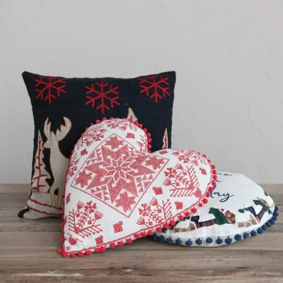 Hello Honey&reg; 17" Red & Natural Embroidered Heart-Shaped Throw Pillow with Pom Pom Trim {3}