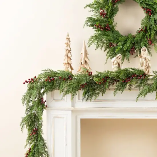 Glitzhome&reg; 9ft Christmas Greenery PE Cedar Garland with Red Berries {3}