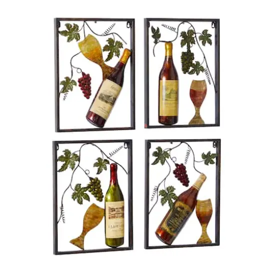 Set of 4 Multi Colored Metal Traditional Wine Wall Decor, 18" x 14" {3}