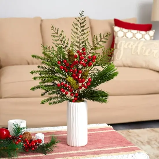 23" Mixed Pine, Pinecone & Berry Arrangement in White Vase {4}