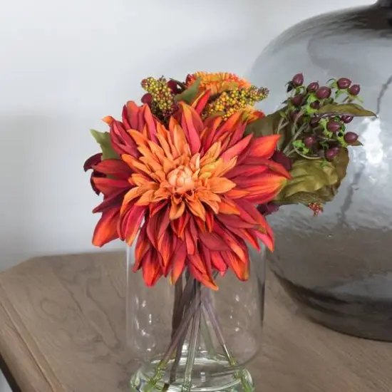 12" Dahlia & Mum Arrangement with Glass Vase  {6}
