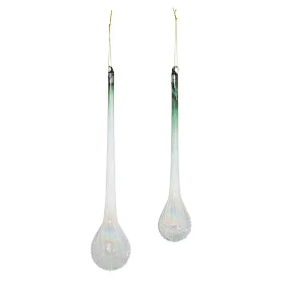 Green Iridescent Ribbed Glass Icicle Drop Ornaments Set {4}