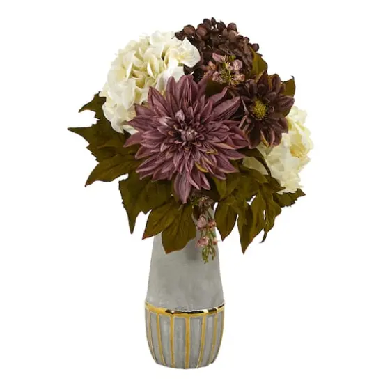 17" Peony, Hydrangea & Dahlia Arrangement in Gold Trimmed Stoneware Vase {1}