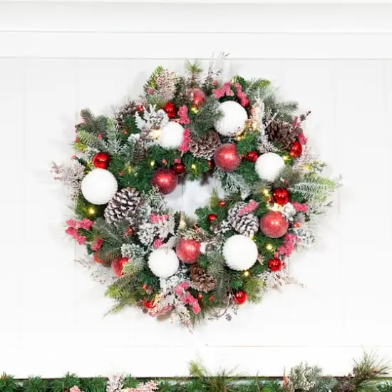 Village Lighting 30" Pre-Lit Frosted Wonderland Christmas Wreath, Red & Clear LED Lights {11}