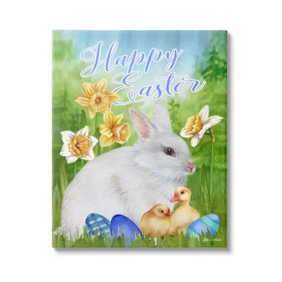 Stupell Industries Happy Easter Spring Bunny Rabbit Phrase Baby Chicks Canvas Wall Art {1}